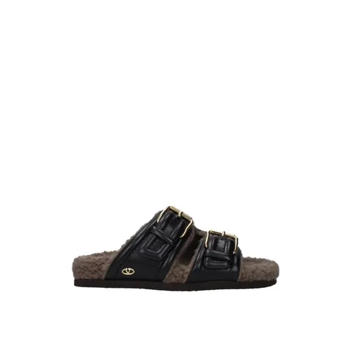 Black Leather Buckle Slippers - Valentino Garavani - Modalova