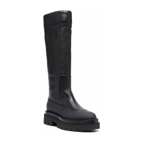Ribbed Leather Knee-High Boots Black - Santoni - Modalova