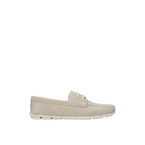 Gray Suede Loafers with Side Logo - Prada - Modalova