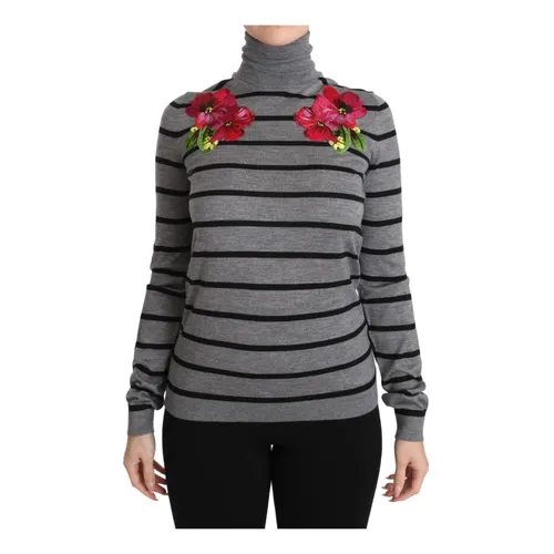 Suéter Gris con Bordado Floral - Dolce & Gabbana - Modalova