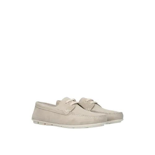 Gray Suede Loafers with Side Logo - Prada - Modalova