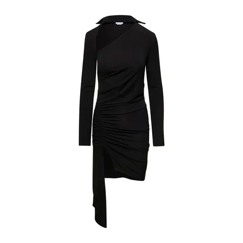 Mini Vestido Negro con Abertura y Detalle de Volante - Off White - Modalova