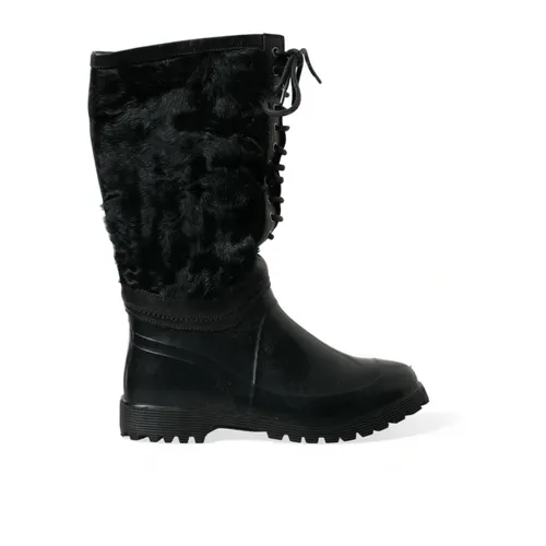 Sleek Black Shearling Mid Calf Boots - Dolce & Gabbana - Modalova