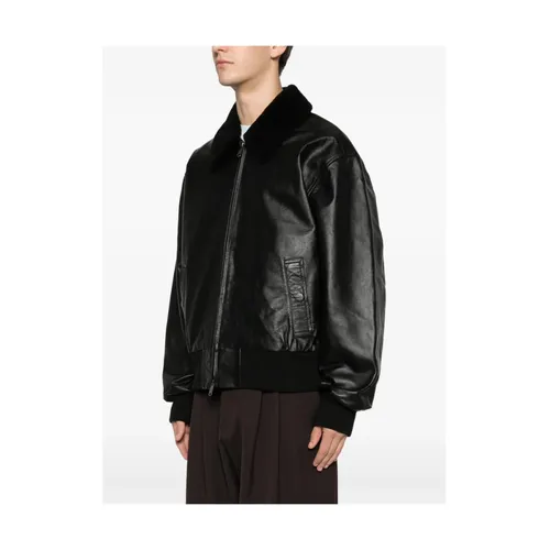 Shearling Collar Leather Bomber Jacket - Calvin Klein - Modalova