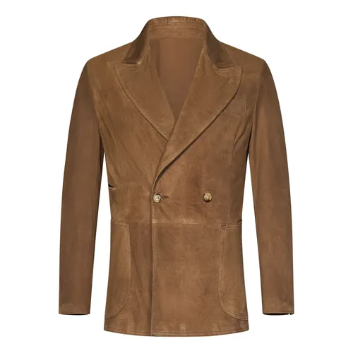 Beige Suede Double-Breasted Jacket - Franzese Collection - Modalova