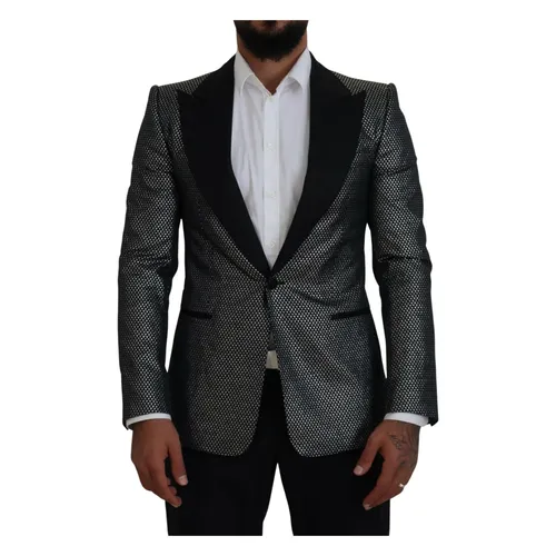 Blazer Slim Fit in Jacquard Nero e Argento - Dolce & Gabbana - Modalova