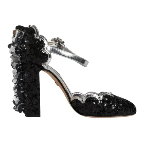 Black Silver Sequin Heels Sandals - Dolce & Gabbana - Modalova