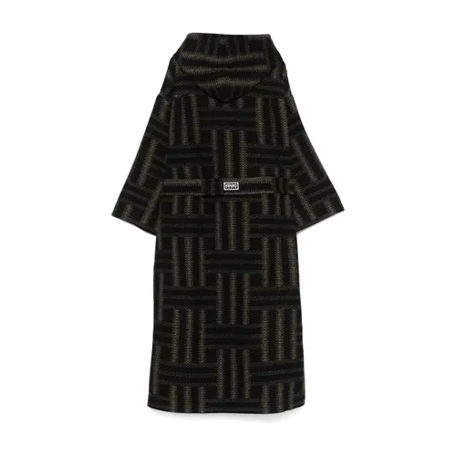 Black Wool Jacquard Coat - Kenzo - Modalova