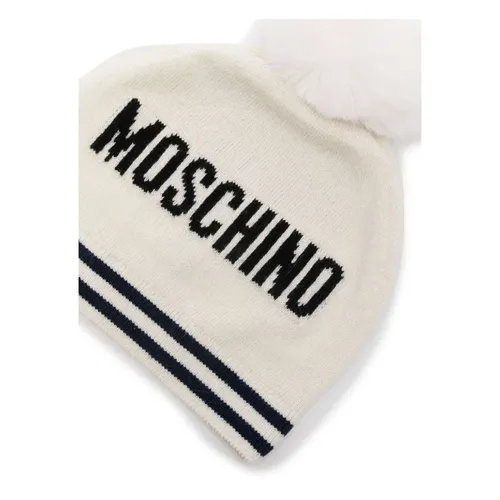 Solid Knit Hat with Pom Pom and Teddy Logo - Moschino - Modalova