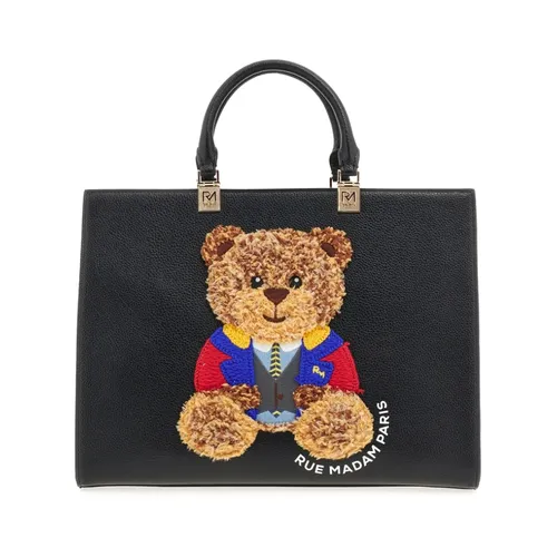 Black Eco Leather Tote Bag with Iconic Bear - Rue Madam - Modalova