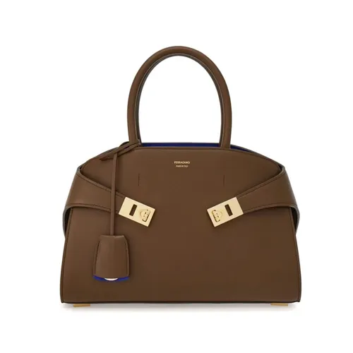 Taupe Leather Handbag with Gancini Lock - Ferragamo - Modalova