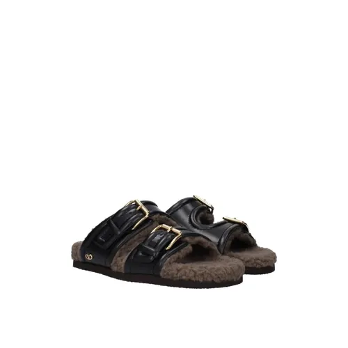 Black Leather Buckle Slippers - Valentino Garavani - Modalova