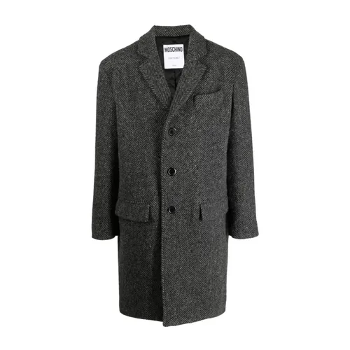 Herringbone Wool Peacoat with Slogan Print - Moschino - Modalova