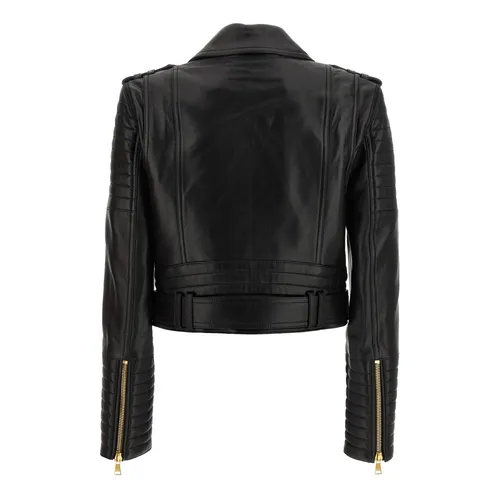 Biker Crop Leather Jacket - Balmain - Modalova