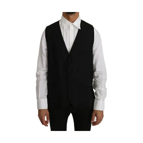 Black Solid Wool Silk Vest - Dolce & Gabbana - Modalova