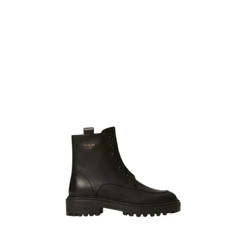 Chunky Leather Boots with Logo - Twinset - Modalova