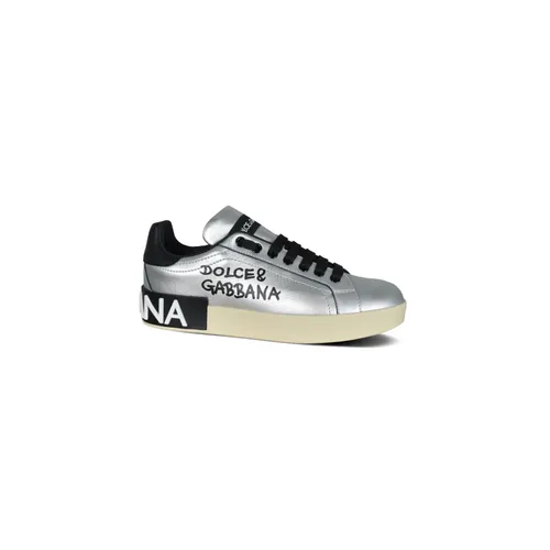 Silver Leather Sneakers - Dolce & Gabbana - Modalova