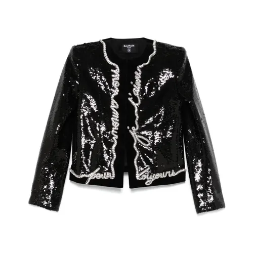 Black Sequin Jacket with Shoulder Pads - Balmain - Modalova