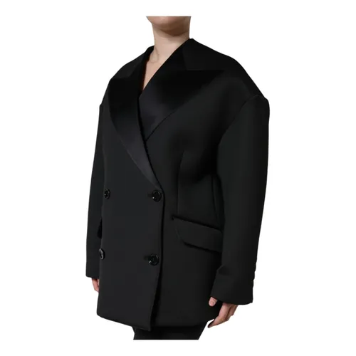 Black Double-Breasted Coat Jacket with Logo - Dolce & Gabbana - Modalova