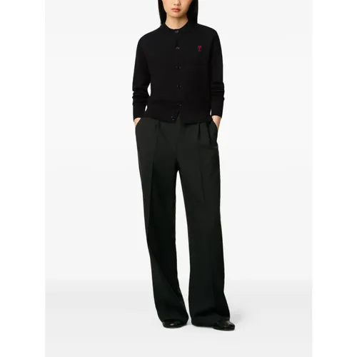 Black Wool Knit Sweater with Embroidery - Ami Paris - Modalova