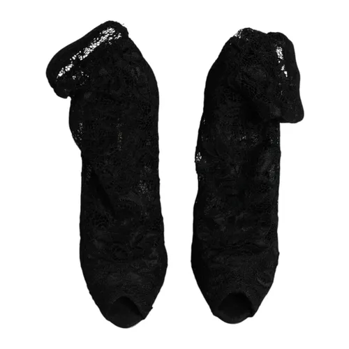 Black Lace Stretch Mid Calf Boots - Dolce & Gabbana - Modalova