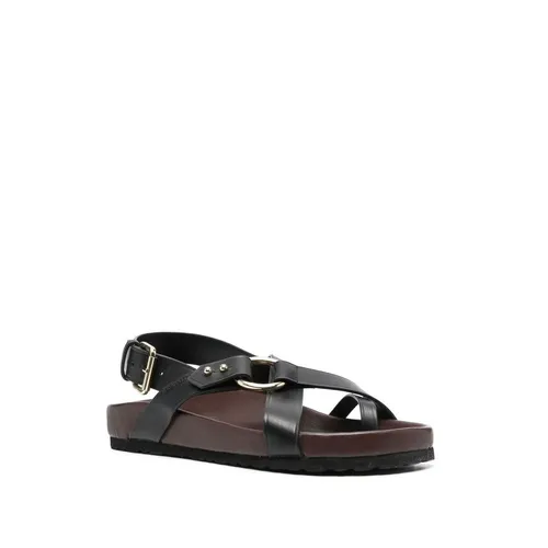 Black Leather Open Toe Slingback Sandals - Soeur - Modalova