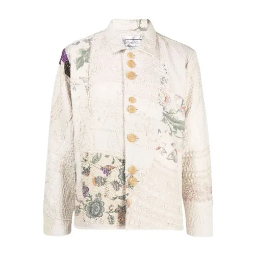Beige Floral Patchwork Cotton Coat - By Walid - Modalova