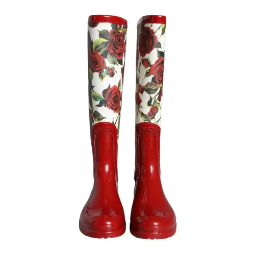 Red Floral Rubber Knee High Boots - Dolce & Gabbana - Modalova