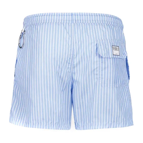 Blue Striped Swim Trunk with Summer Pattern - Fedeli - Modalova