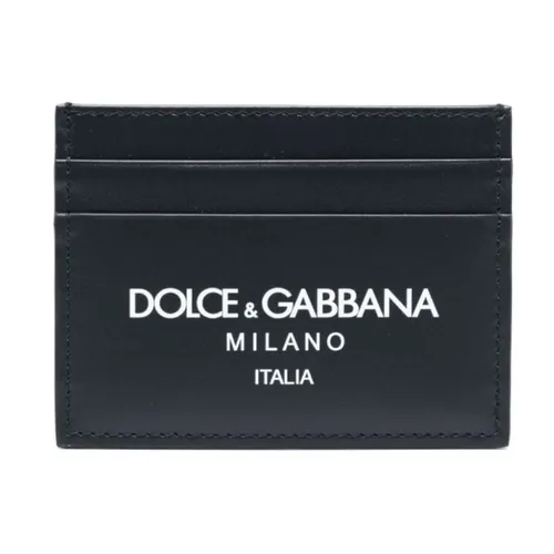 Midnight Blue Leather Cardholder with Logo Print - Dolce & Gabbana - Modalova
