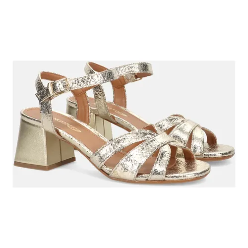 Golden Leather Block Heel Sandals - Sangiorgio - Modalova