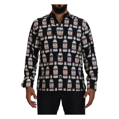 Black Silk Printed Collared Men's Casual Shirt - Dolce & Gabbana - Modalova
