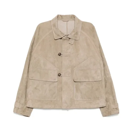 Khaki Suede Jacket with Front Zip - Giorgio Armani - Modalova