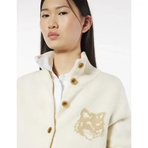 High-neck Merino Wool Cardigan with Fox Intarsia - Maison Kitsuné - Modalova