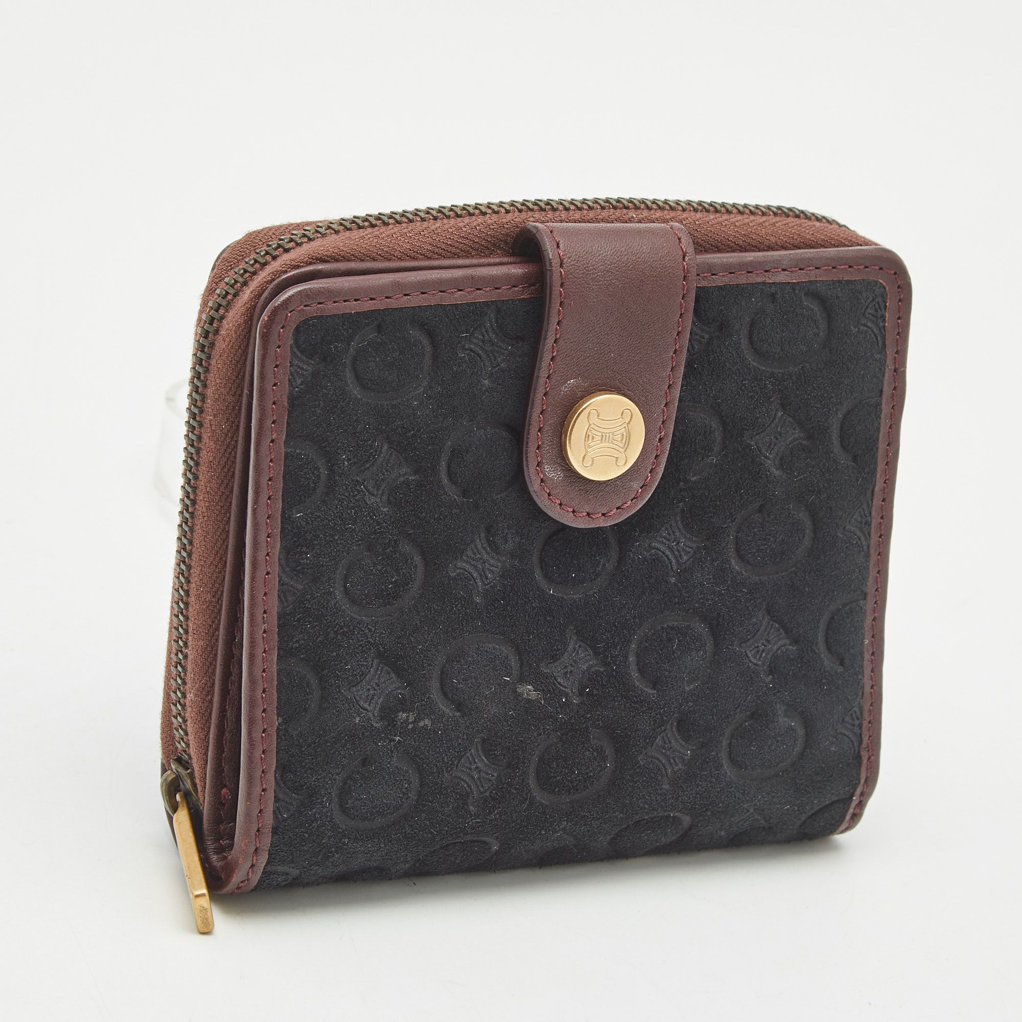 Black/Burgundy Macadam Suede and Leather Zip Around Compact Wallet - Celine - Modalova