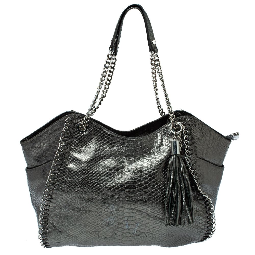MICHAEL Michael Kors Metallic Python Effect Leather Tassel Chain Detail Satchel - MICHAEL Michael Kors - Modalova