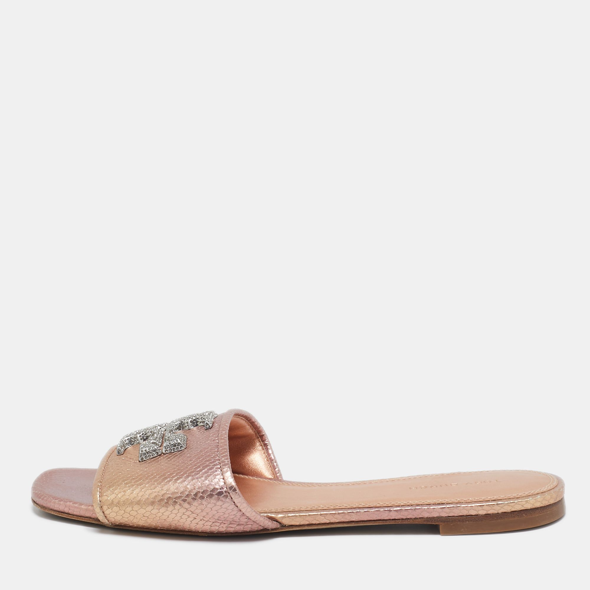 Tory Burch Rose Gold Python Embossed Leather Ines Flat Slides Size 37.5 - Tory Burch - Modalova