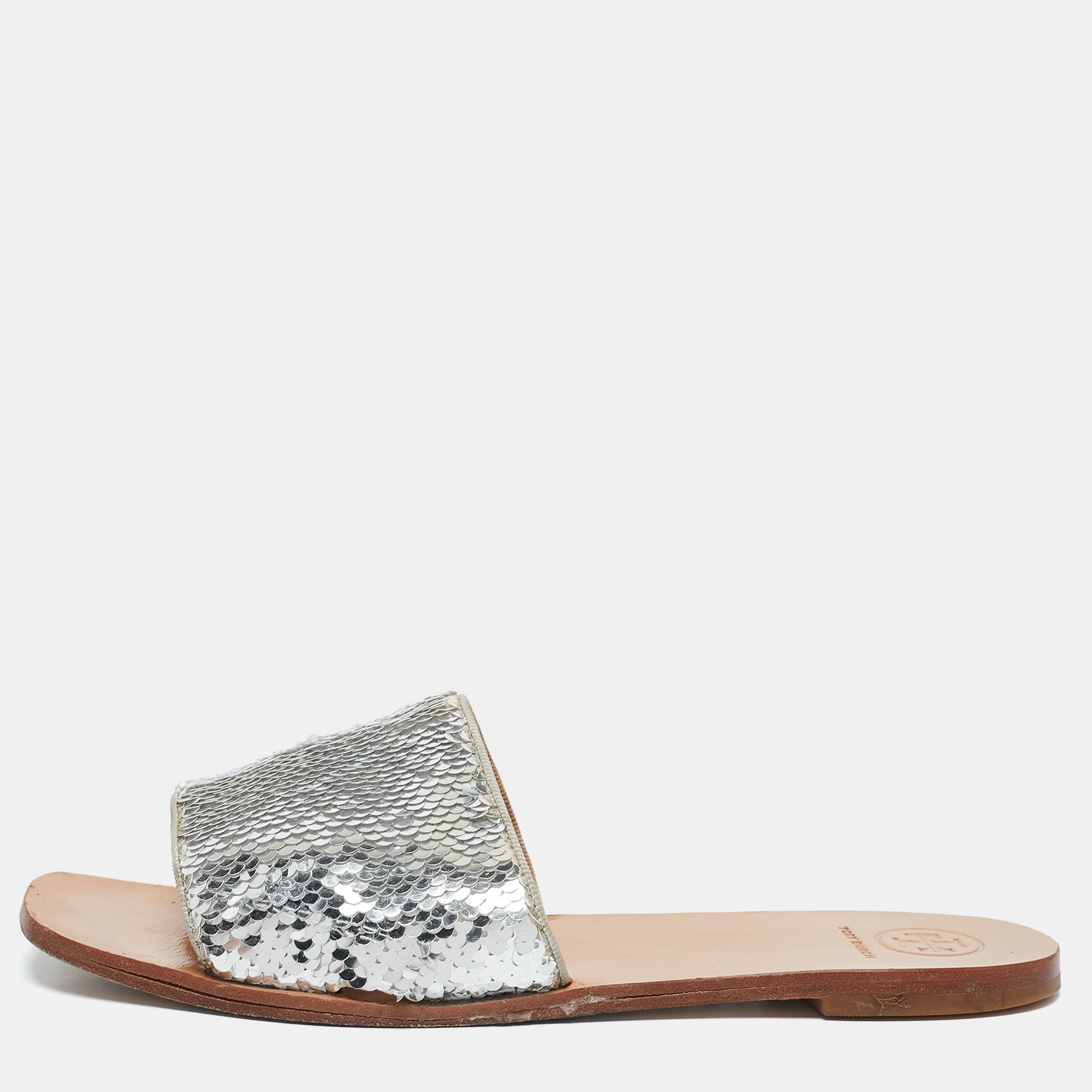 Tory Burch Silver Sequins Carter Flat Slides Size 38.5 - Tory Burch - Modalova