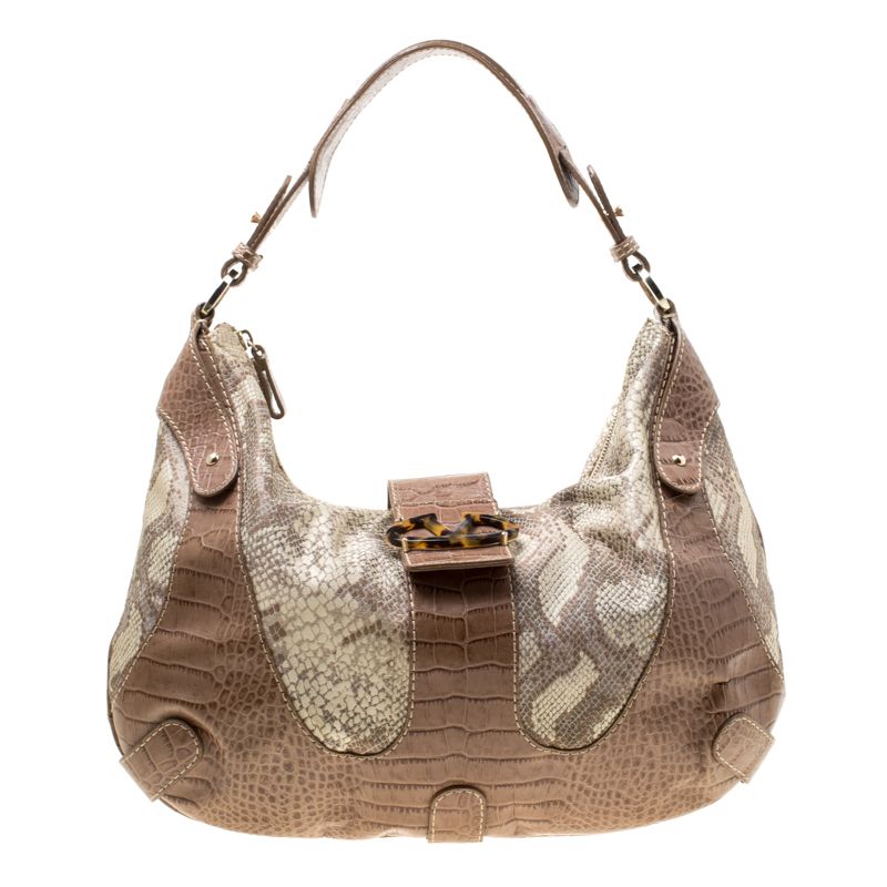 Valentino Beige Croc Embossed Leather and Python Print Canvas Hobo - Valentino - Modalova