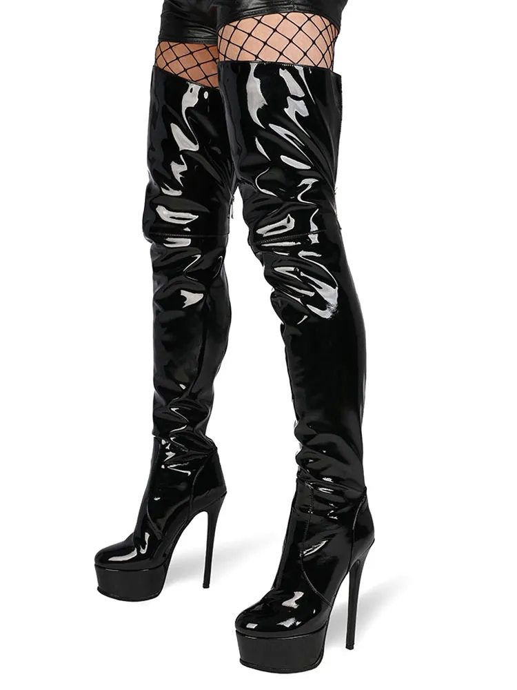 Over The Knee Boots Leather Platform Round Toe Bright Leather Zip Up High Heel Thigh High Boots - milanoo.com - Modalova