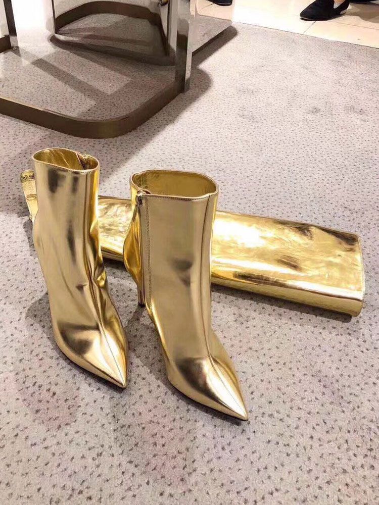 Gold Convertible Knee High Boots Metallic Mirror Bright leather Knee Length Prom Party Boots - milanoo.com - Modalova