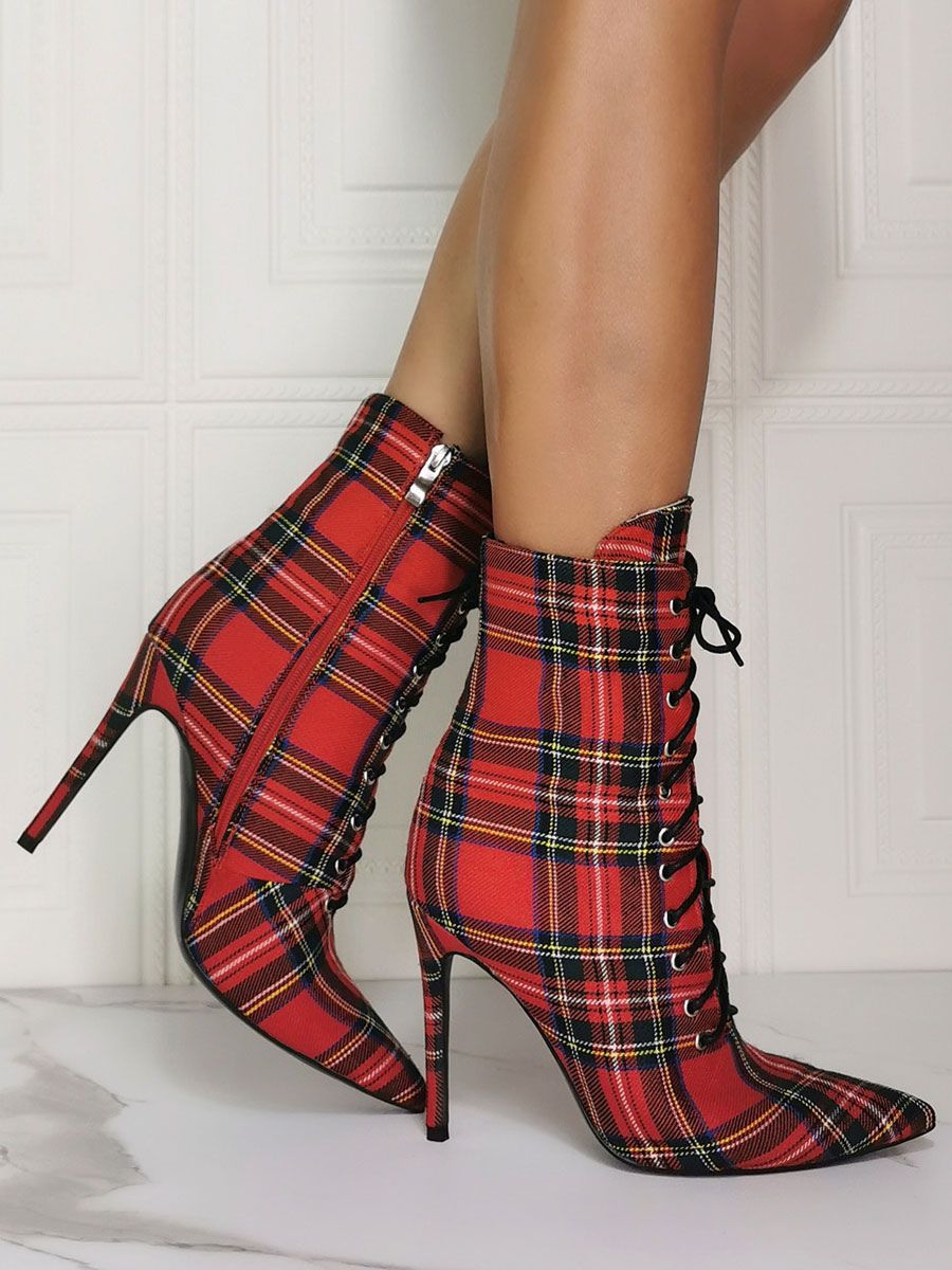 Women Ankle Boots Canvas Pointed Toe Stiletto Heel Sky High Houndstooth Booties - milanoo.com - Modalova