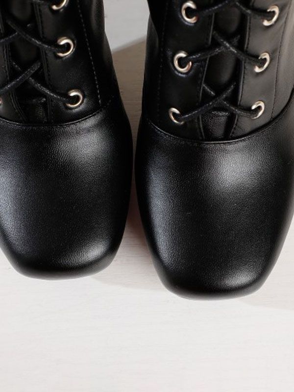 Women thigh high Boots Black PU Leather Square Toe Chunky Heel Winter Boots - milanoo.com - Modalova