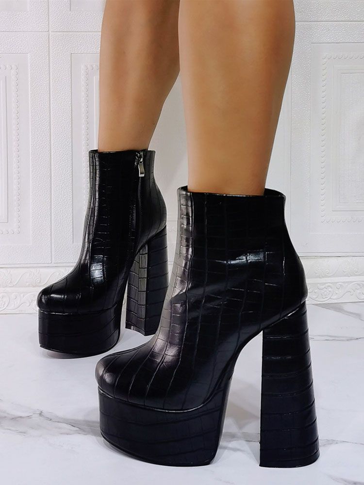 Women Booties Geometric Round Toe Platform Chunky Heel PU Leather Ankle Boots - milanoo.com - Modalova