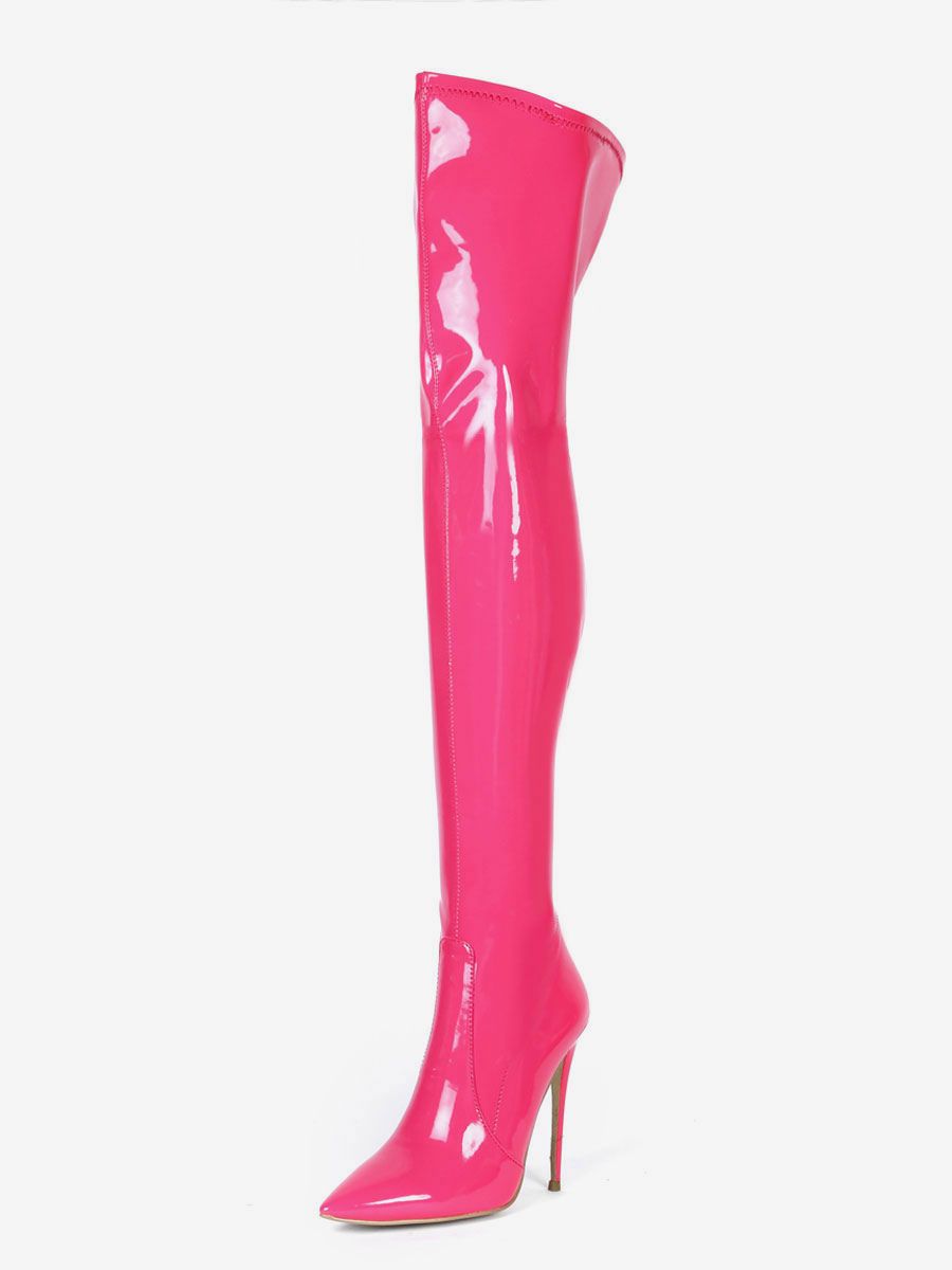 Over The Knee Boots Leather Black Pointed Toe Stiletto Heel Bright Leather Thigh High Boots - milanoo.com - Modalova