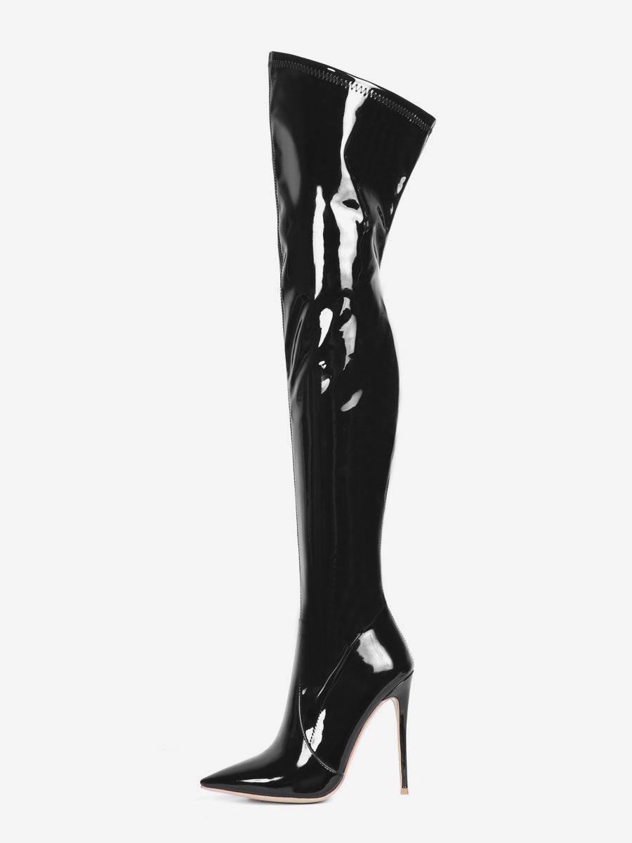 Over The Knee Boots Leather Black Pointed Toe Stiletto Heel Bright Leather Thigh High Boots - milanoo.com - Modalova