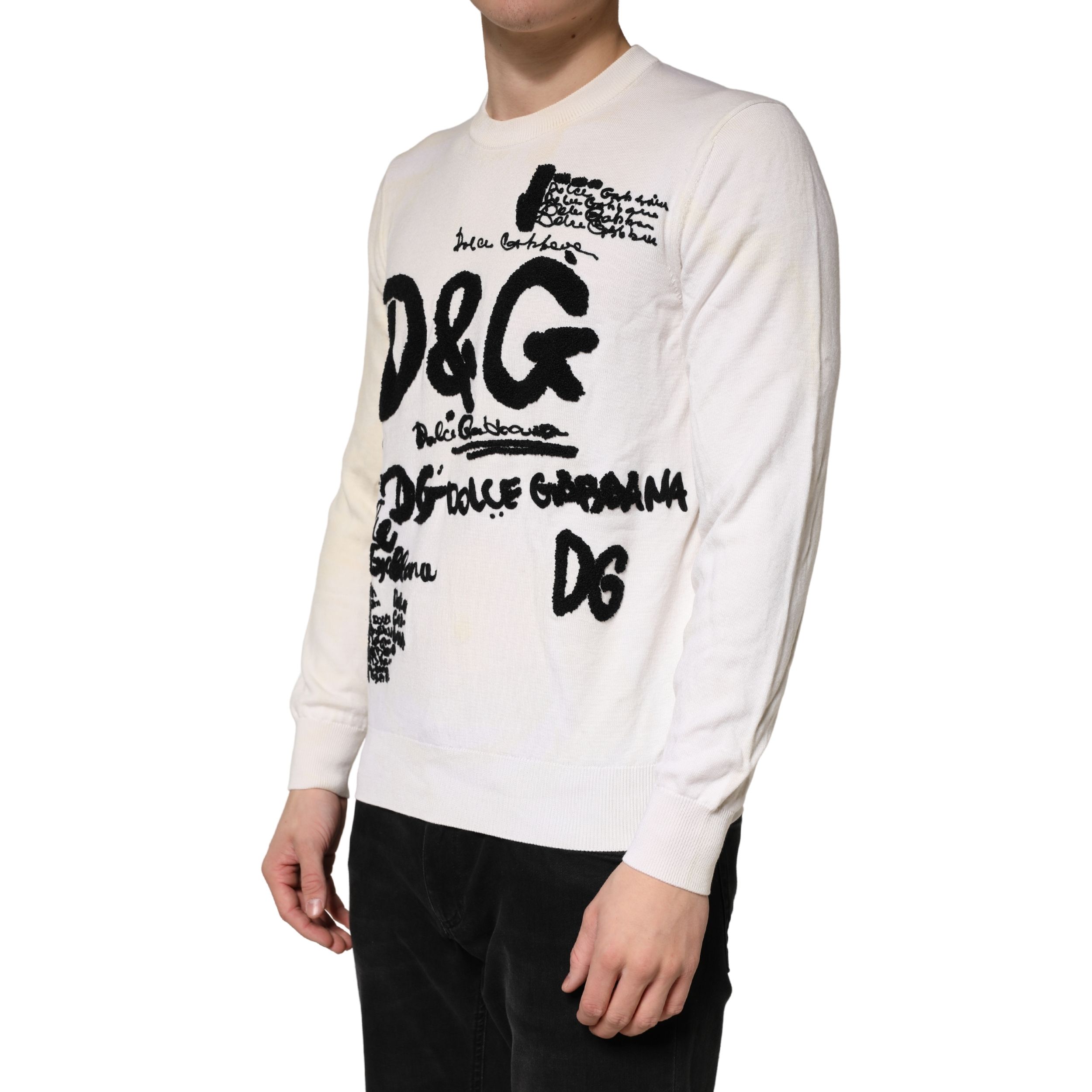White Virgin Wool Graphic Logo Crewneck Men's Sweater - Dolce & Gabbana - Modalova
