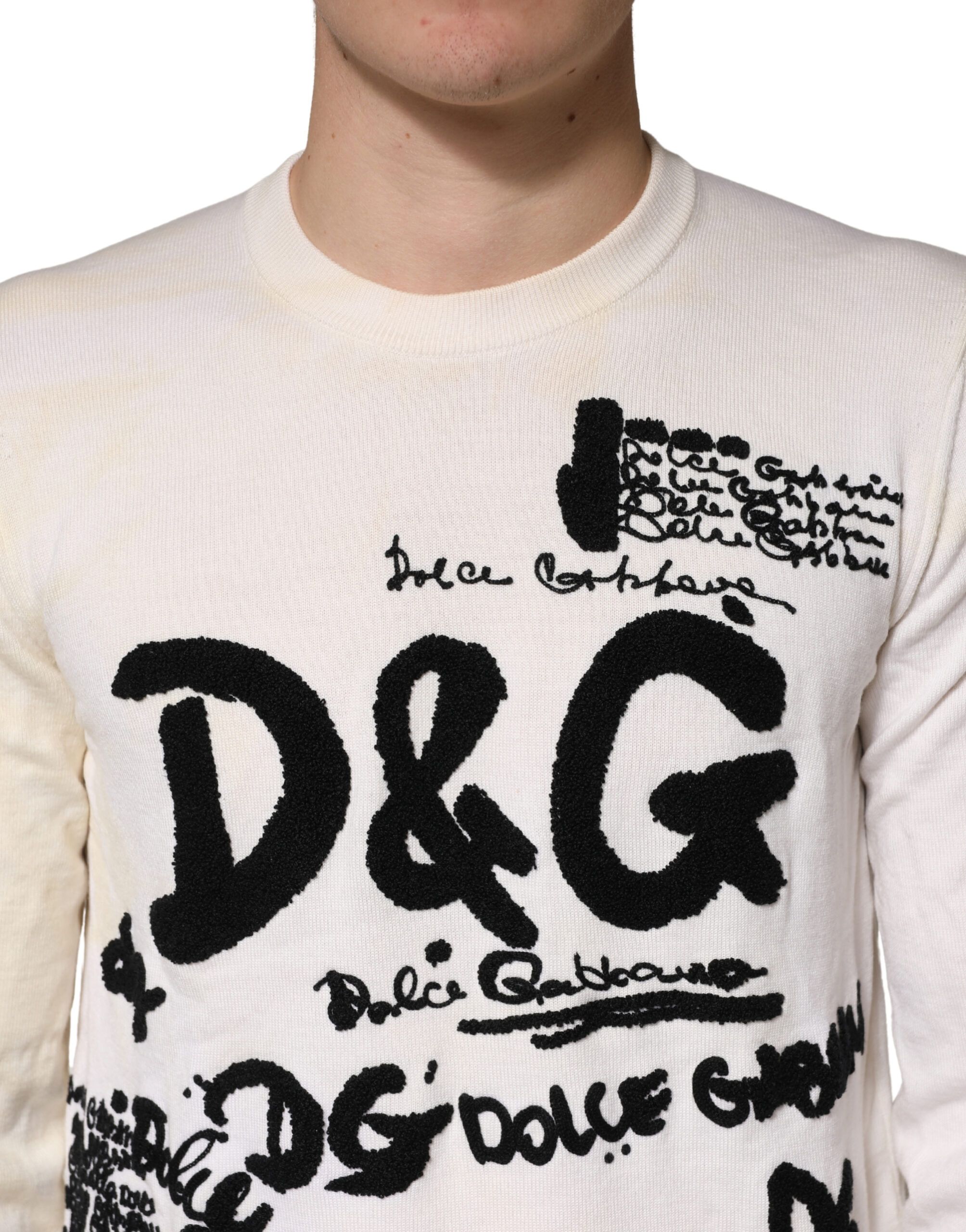 White Virgin Wool Graphic Logo Crewneck Men's Sweater - Dolce & Gabbana - Modalova