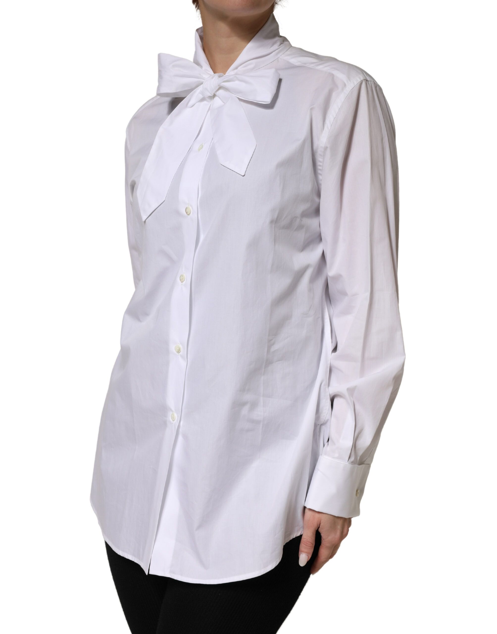 Cotton Bow Tie Long Sleeves Blouse Women's Top - Dolce & Gabbana - Modalova