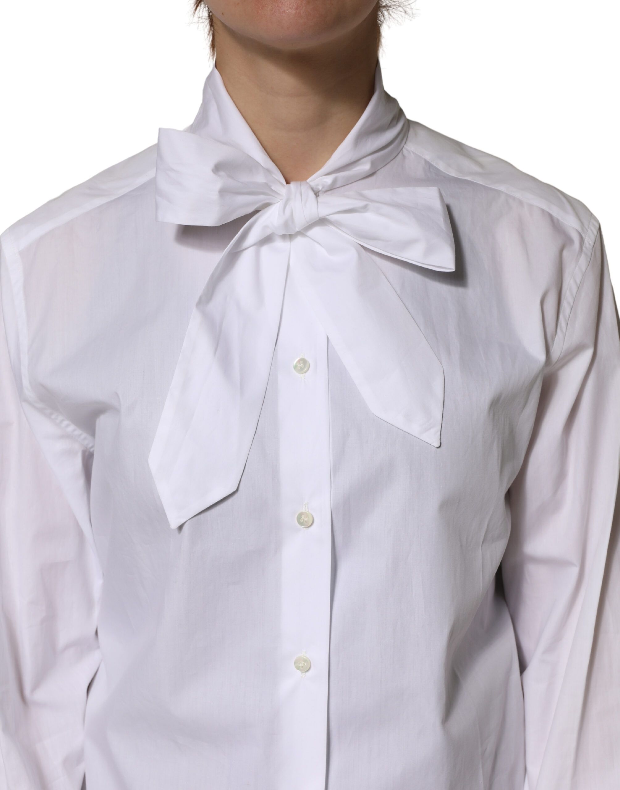 Cotton Bow Tie Long Sleeves Blouse Women's Top - Dolce & Gabbana - Modalova
